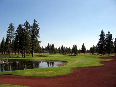 The signature red bunkers found on Aspen Lakes 11th hole