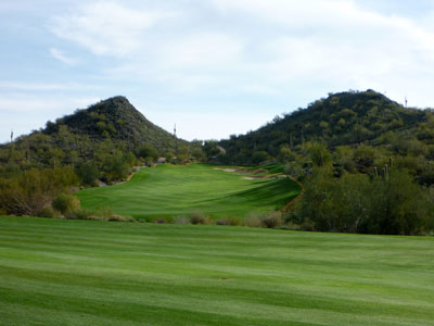 A great par five that crosses a ravine and heads up to an elevated green